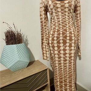Geometric Patterned Brown and Cream Dress